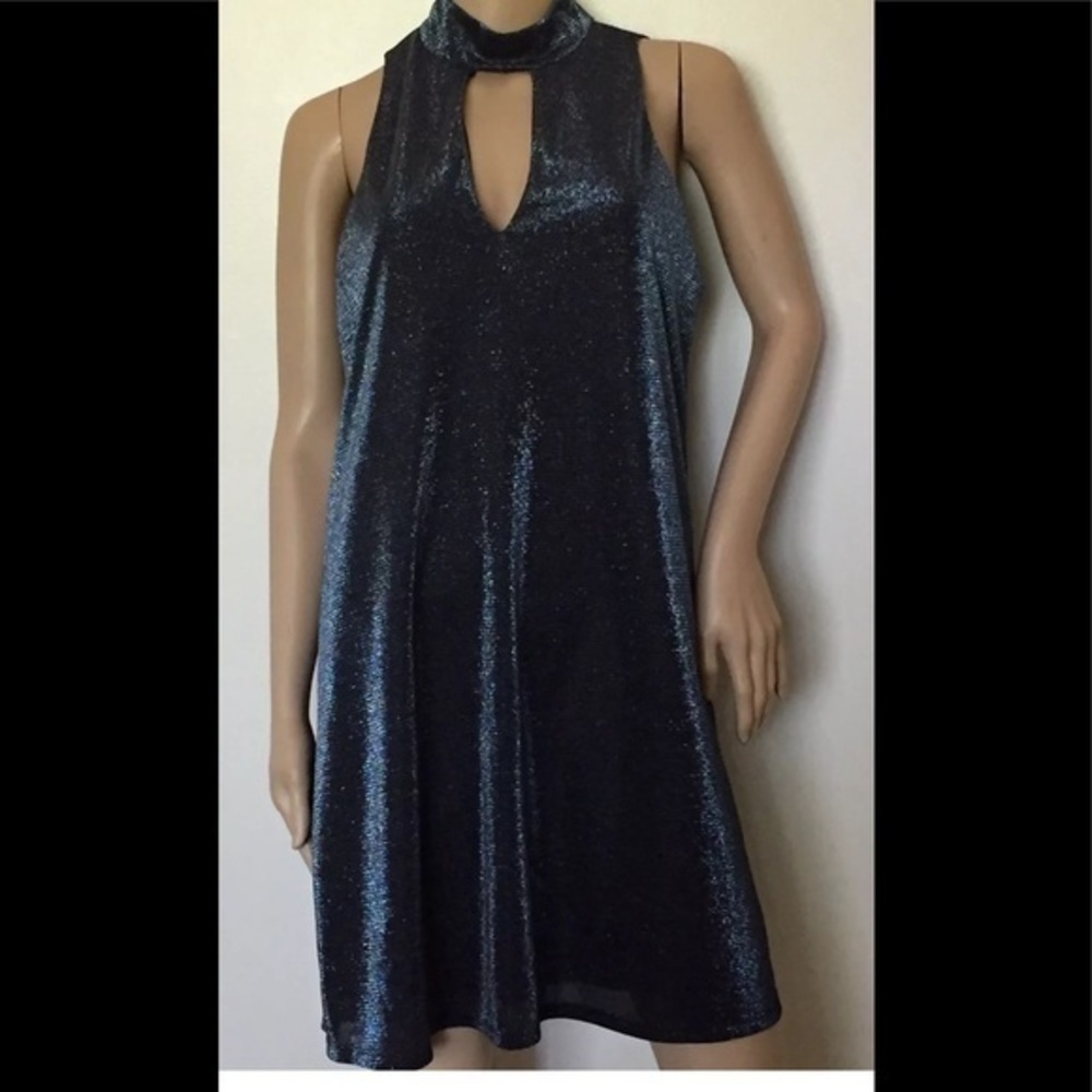 SOPRANO Solid Blue Metallic Halter Dress Stretch